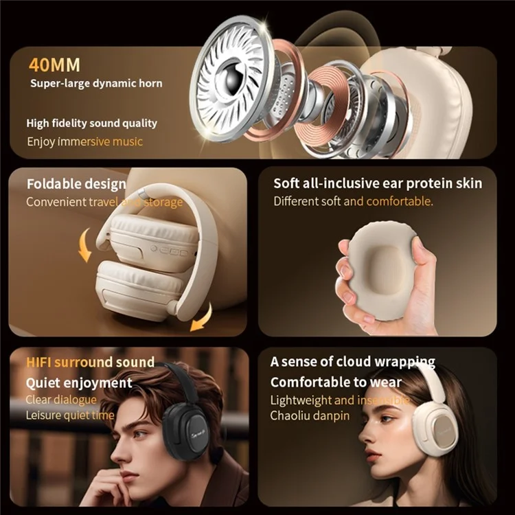 BH900 Gaming Wireless Bluetooth-compatible Headphones Hi-Fi Stereo In-Ear Noise Cancelling 40MM Driver Headset - Khaki