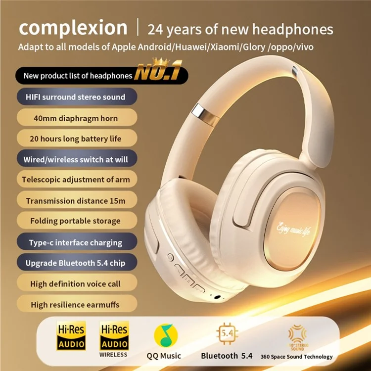 BH900 Gaming Wireless Bluetooth-compatible Headphones Hi-Fi Stereo In-Ear Noise Cancelling 40MM Driver Headset - Khaki