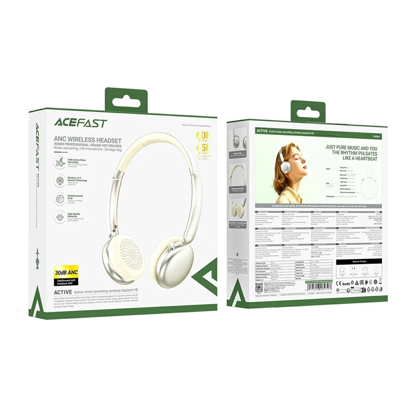 ACEFAST H8 Cuffie Bluetooth Over Ear HiFi Sound Cuffie Cancellazione Attiva del Rumore - Oro Chiaro