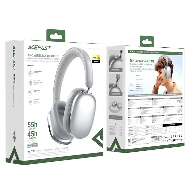 ACEFAST H9 Active Noise Cancelling Headphones Wireless Over-Ear Headsetwith Multi-Function Button - Silver