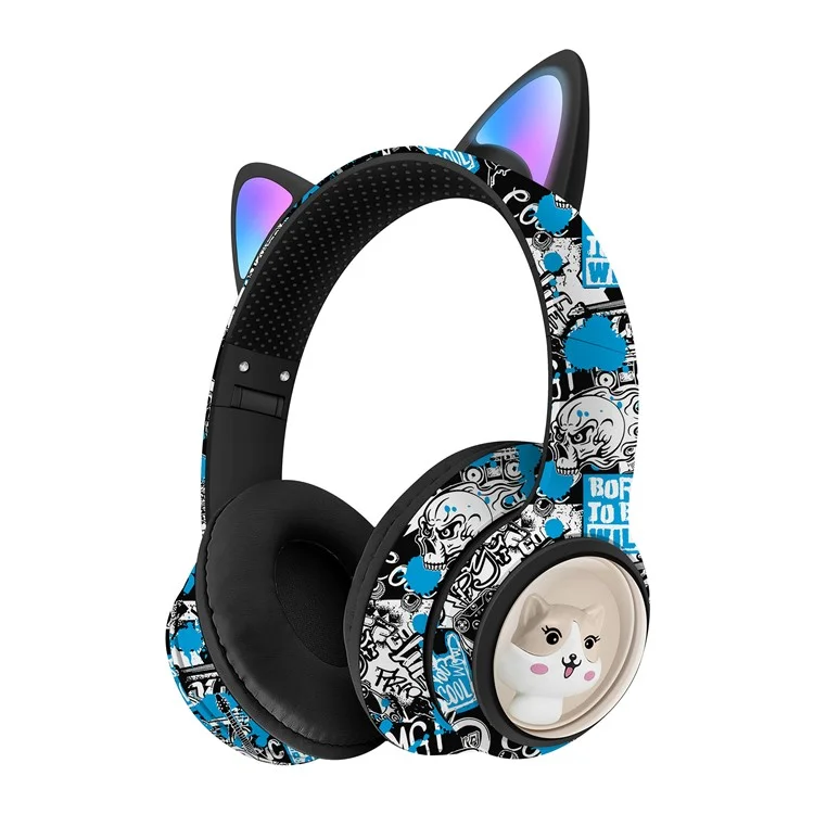 AKZ AKZ-37 Casque Bluetooth sans fil au design graffiti avec radio FM, microphone et musique - Bleu
