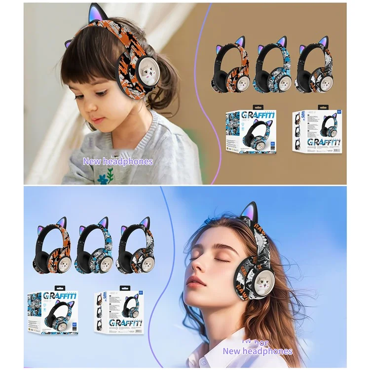 AKZ AKZ-37 Casque Bluetooth sans fil au design graffiti avec radio FM, microphone et musique - Bleu