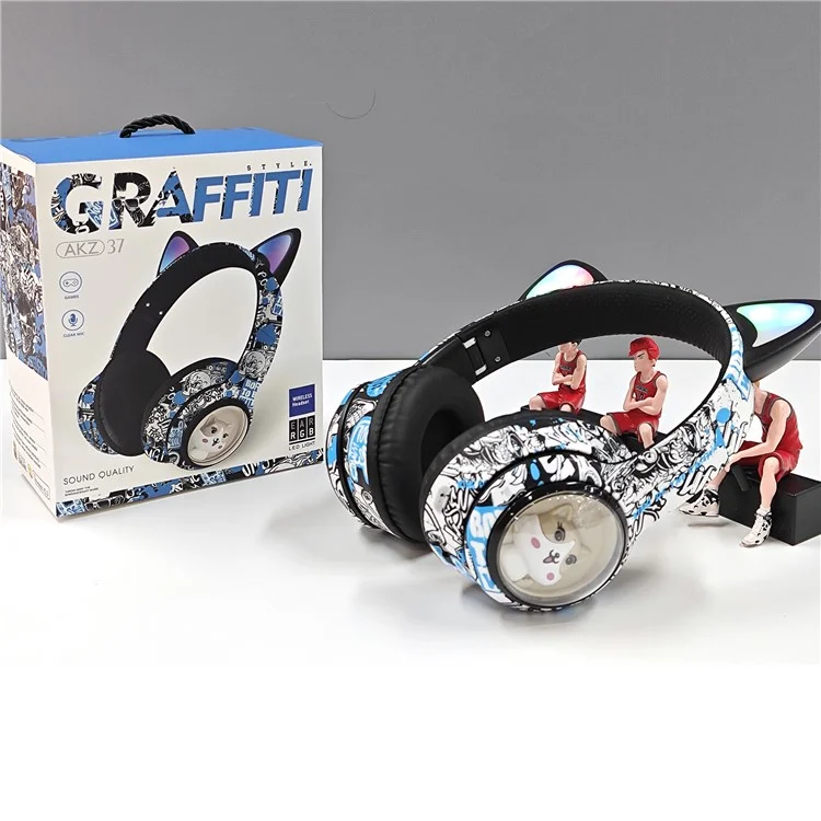 AKZ AKZ-37 Casque Bluetooth sans fil au design graffiti avec radio FM, microphone et musique - Bleu