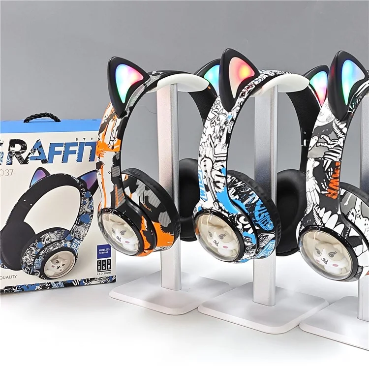AKZ AKZ-37 Casque Bluetooth sans fil au design graffiti avec radio FM, microphone et musique - Bleu