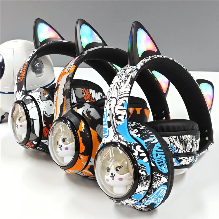 AKZ AKZ-37 Casque Bluetooth sans fil au design graffiti avec radio FM, microphone et musique - Bleu