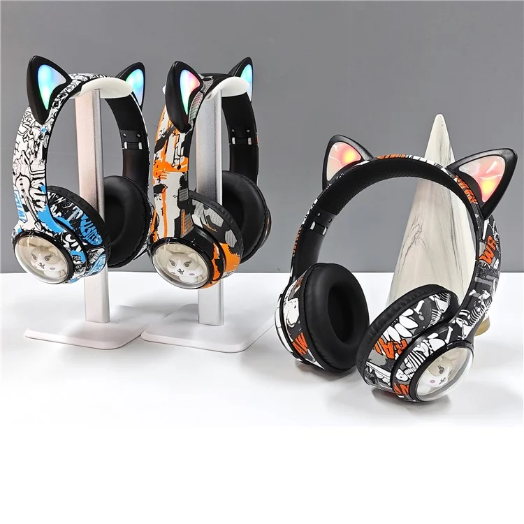 AKZ AKZ-37 Casque Bluetooth sans fil au design graffiti avec radio FM, microphone et musique - Bleu