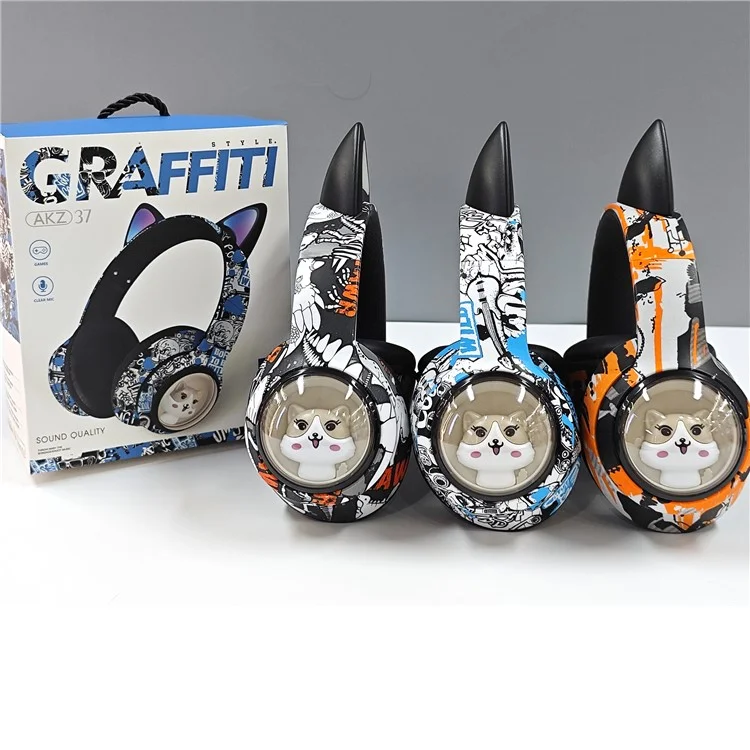 AKZ AKZ-37 Casque Bluetooth sans fil au design graffiti avec radio FM, microphone et musique - Bleu