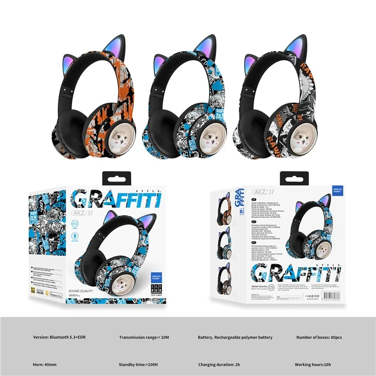 AKZ AKZ-37 Casque Bluetooth sans fil au design graffiti avec radio FM, microphone et musique - Bleu