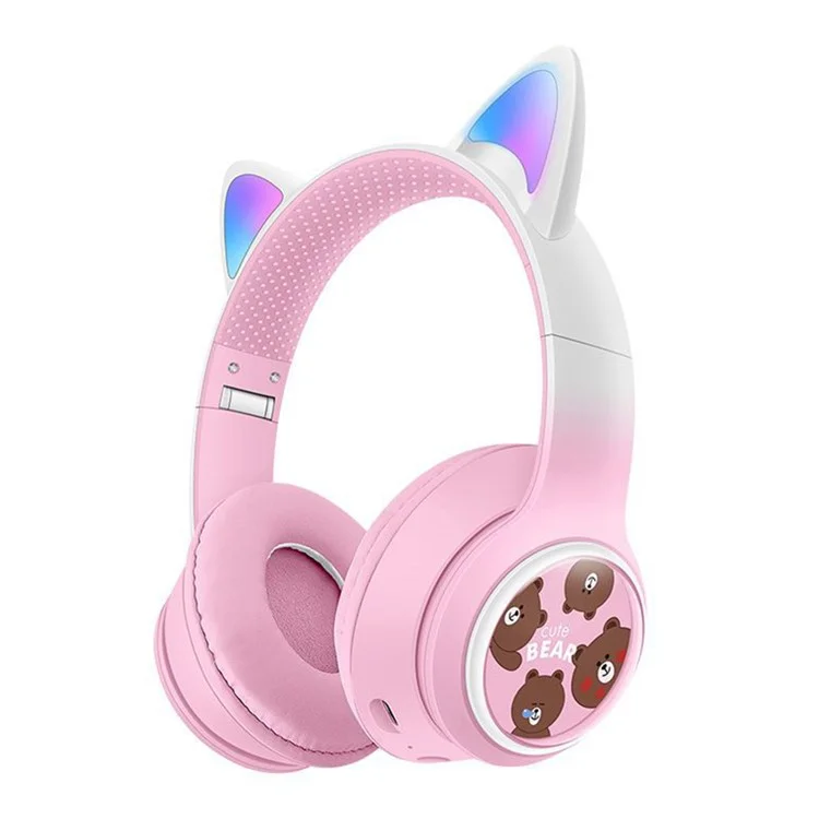 AKZ AKZ-02D Cuffie da Gaming con Orecchie di Gatto Luminose - Bluetooth Wireless Bass Profondo - Rosa