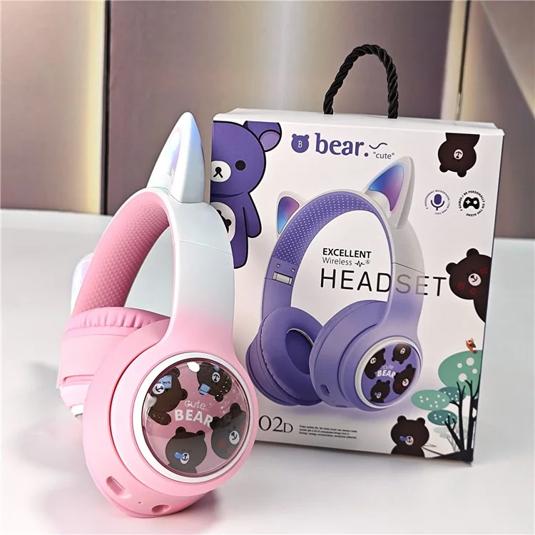AKZ AKZ-02D Cuffie da Gaming con Orecchie di Gatto Luminose - Bluetooth Wireless Bass Profondo - Rosa
