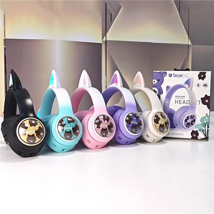 AKZ AKZ-02D Cuffie da Gaming con Orecchie di Gatto Luminose - Bluetooth Wireless Bass Profondo - Rosa