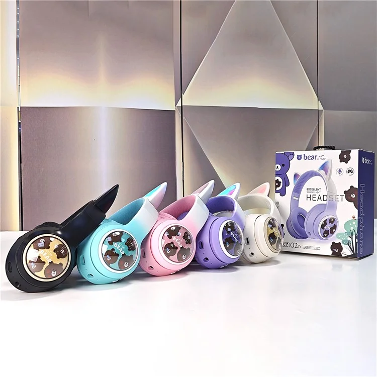 AKZ AKZ-02D Cuffie da Gaming con Orecchie di Gatto Luminose - Bluetooth Wireless Bass Profondo - Rosa