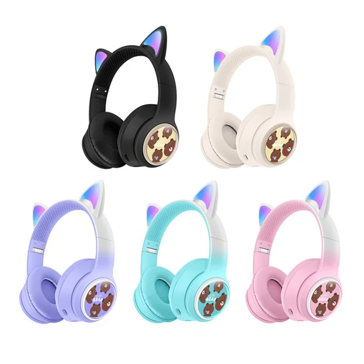 AKZ AKZ-02D Cuffie da Gaming con Orecchie di Gatto Luminose - Bluetooth Wireless Bass Profondo - Rosa