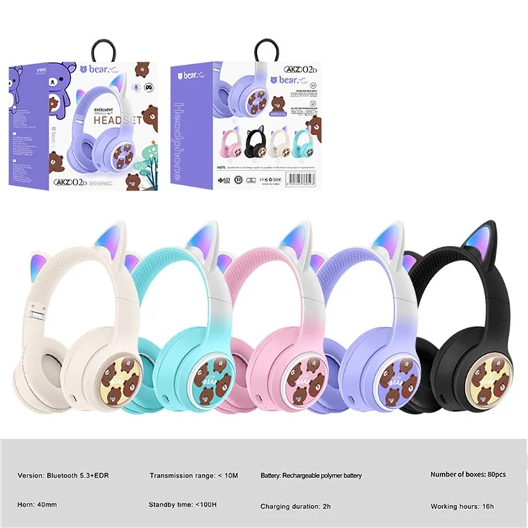 AKZ AKZ-02D Cuffie da Gaming con Orecchie di Gatto Luminose - Bluetooth Wireless Bass Profondo - Rosa