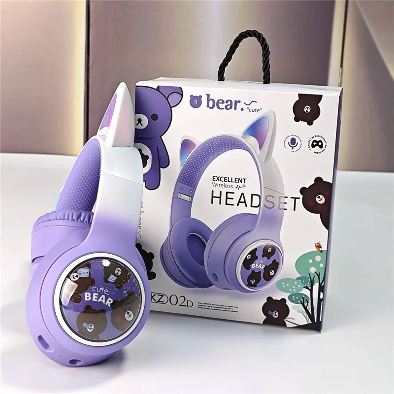 AKZ AKZ-02D Glowing Cat Ear Headphone Bluetooth-Compatible Wireless Deep Bass Gaming Headset - Purple