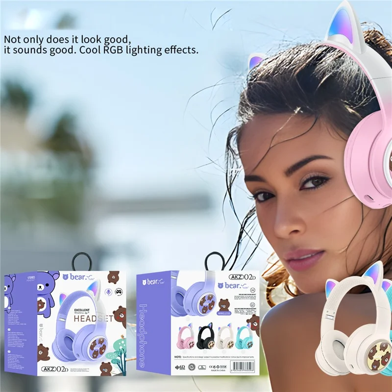 AKZ AKZ-02D Glowing Cat Ear Headphone Bluetooth-Compatible Wireless Deep Bass Gaming Headset - Purple