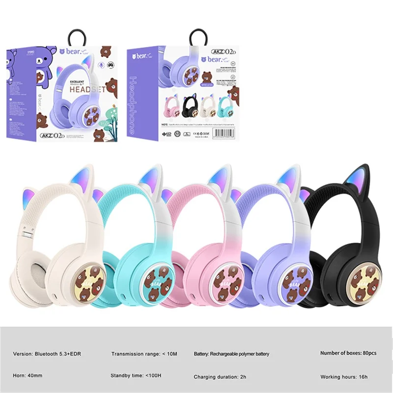 AKZ AKZ-02D Glowing Cat Ear Headphone Bluetooth-Compatible Wireless Deep Bass Gaming Headset - Purple