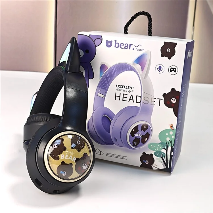 AKZ AKZ-02D Leuchtende Katzenohren Kopfhörer Bluetooth-kompatibles Wireless Deep Bass Gaming Headset - Schwarz