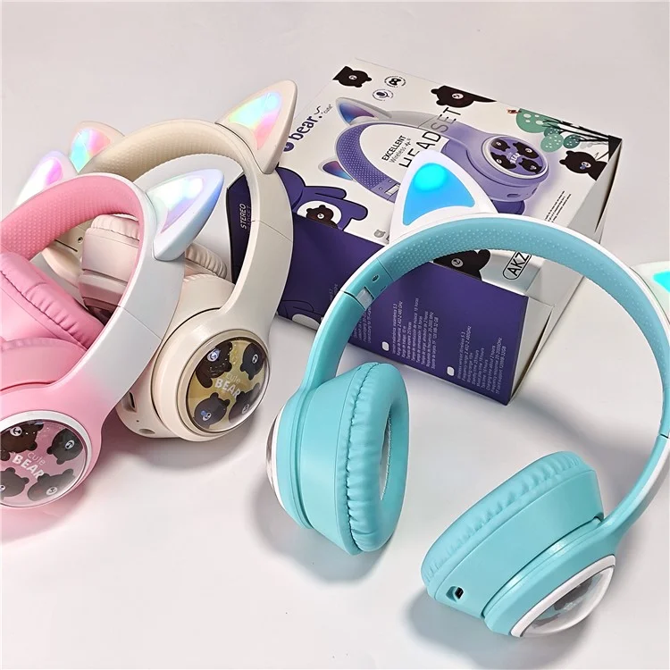 AKZ AKZ-02D Leuchtende Katzenohren Kopfhörer Bluetooth-kompatibles Wireless Deep Bass Gaming Headset - Schwarz