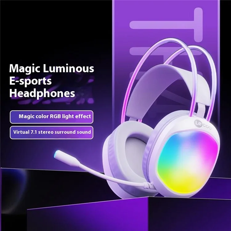 LENOVO LECOO HT410 Wired Gaming Headset LED Light USB 7.1 Surround Sound Desktop PC Headphone with Microphone - White