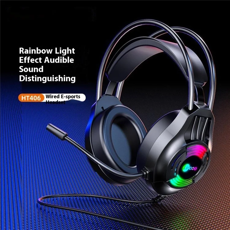 LENOVO LECOO HT406 LED Light Over-Ear Headphone Wired Gaming Headset with Microphone - USB7.1 Interface