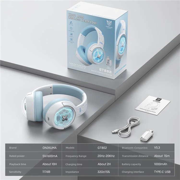 ONIKUMA GT802 Gaming-Headset mit Triple-Modus, geringer Latenz und RGB-Beleuchtung, kabelloses Headset mit USB-Empfänger - Weiß
