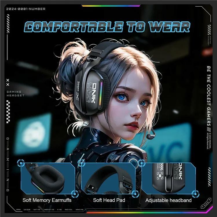 ONIKUMA GT808 Triple Mode Gaming Headset 60H Battery Life RGB Stereo Headphone for PC  /  PS5  /  Xbox
