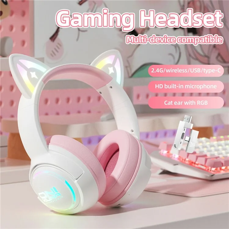 ONIKUMA GT838 Cuffie da Gaming con Orecchie di Gatto, Modalità Tripla, Luce RGB, Wireless Over-Ear con Microfono - Rosa