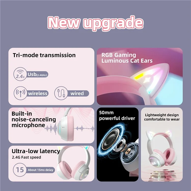 ONIKUMA GT838 Cuffie da Gaming con Orecchie di Gatto, Modalità Tripla, Luce RGB, Wireless Over-Ear con Microfono - Rosa