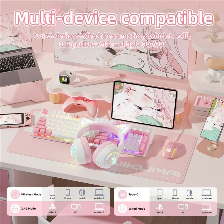 ONIKUMA GT838 Cuffie da Gaming con Orecchie di Gatto, Modalità Tripla, Luce RGB, Wireless Over-Ear con Microfono - Rosa