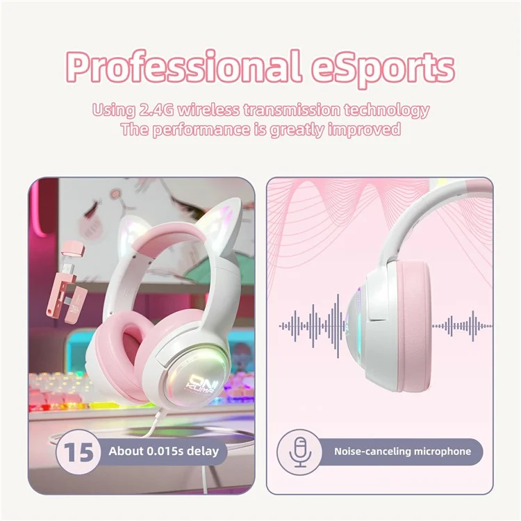ONIKUMA GT838 Cuffie da Gaming con Orecchie di Gatto, Modalità Tripla, Luce RGB, Wireless Over-Ear con Microfono - Rosa
