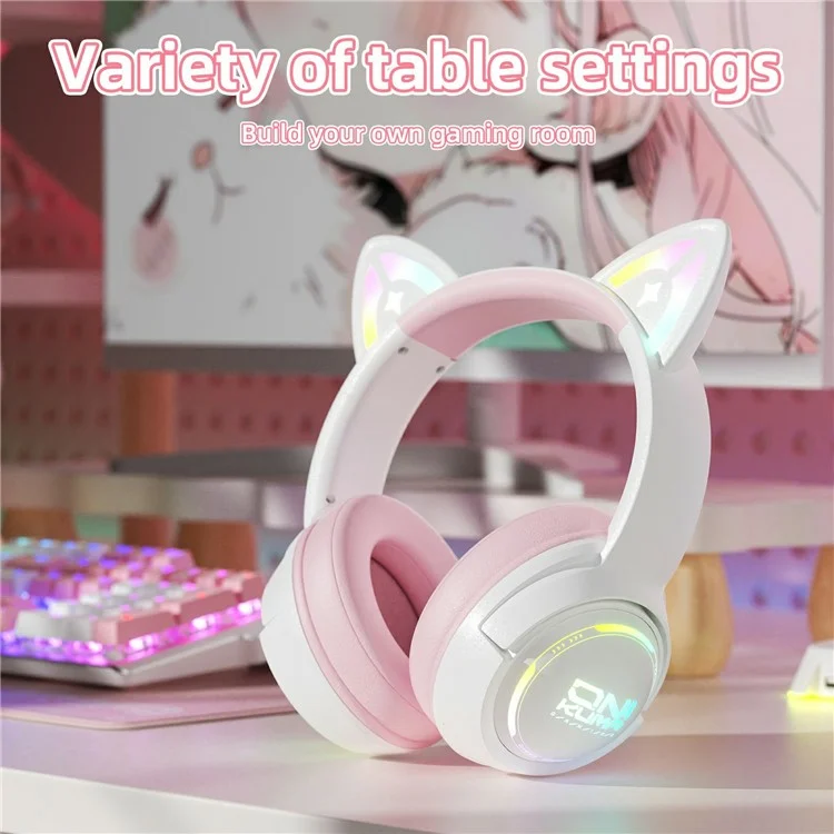 ONIKUMA GT838 Cuffie da Gaming con Orecchie di Gatto, Modalità Tripla, Luce RGB, Wireless Over-Ear con Microfono - Rosa