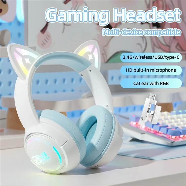 ONIKUMA GT838 Cat Ear Gaming Headset Triple Mode RGB Light Wireless Over-Ear Headphone with Mic - Blue