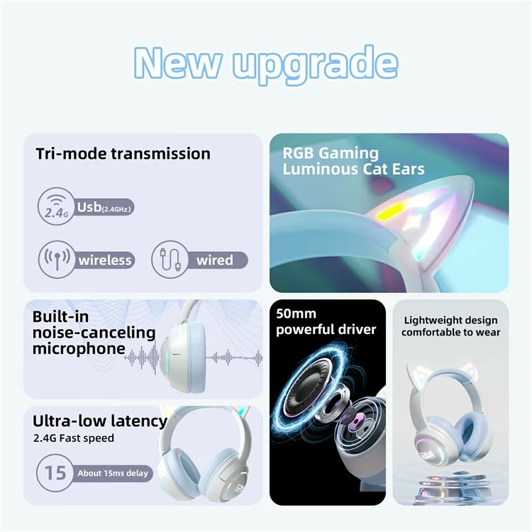 ONIKUMA GT838 Cat Ear Gaming Headset Triple Mode RGB Light Wireless Over-Ear Headphone with Mic - Blue
