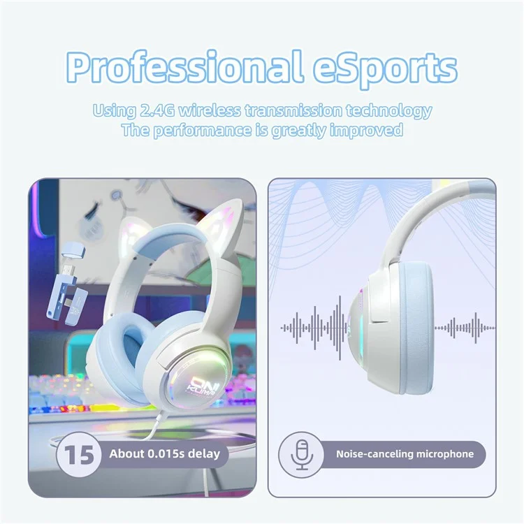 ONIKUMA GT838 Cat Ear Gaming Headset Triple Mode RGB Light Wireless Over-Ear Headphone with Mic - Blue