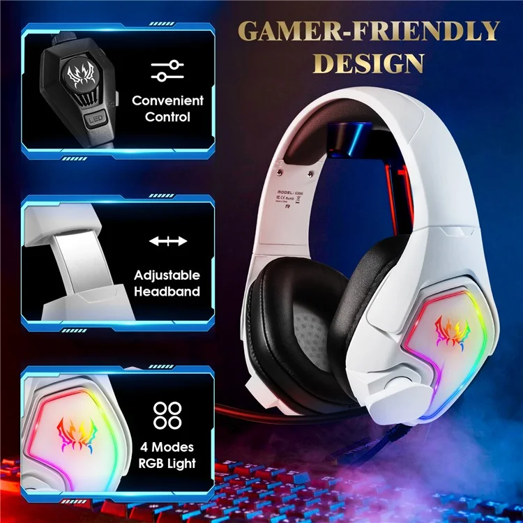KOTION EACH G3000 For PS4 / PS5 / PC Gaming Headset RGB Light Wired Headphone with Splitter Cable - White