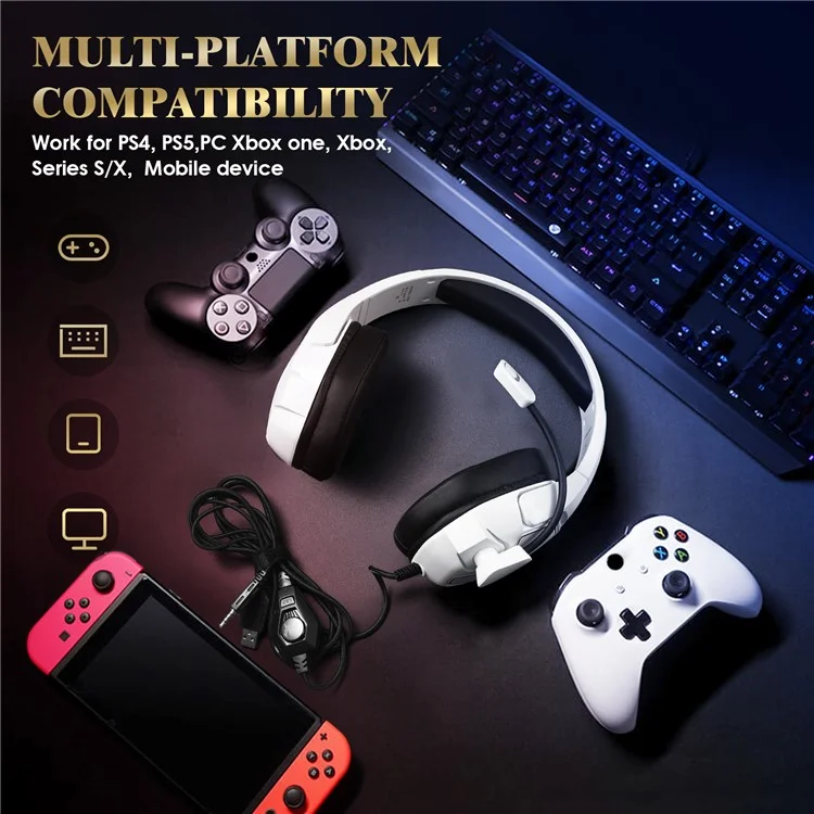 KOTION EACH G3000 For PS4 / PS5 / PC Gaming Headset RGB Light Wired Headphone with Splitter Cable - White