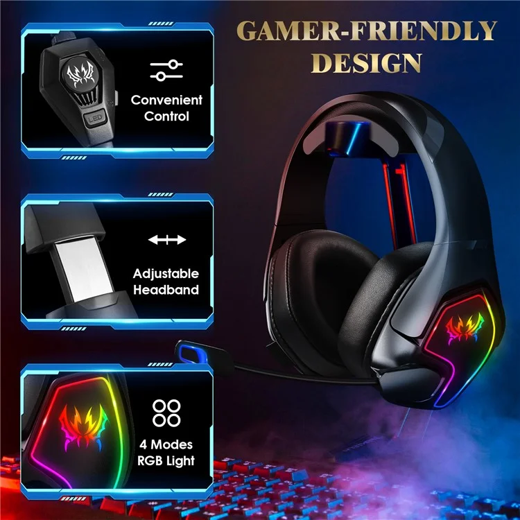 KOTION EACH G3000 For PS4 / PS5 / PC Gaming Headset RGB Light Wired Headphone with Splitter Cable - Black