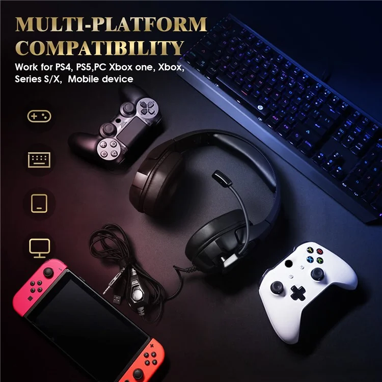 KOTION EACH G3000 For PS4 / PS5 / PC Gaming Headset RGB Light Wired Headphone with Splitter Cable - Black