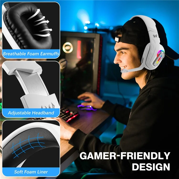 KOTION EACH G4100 Wired Gaming Headset with Mic 3.5mm + USB LED Light Over-Ear Headphone - White