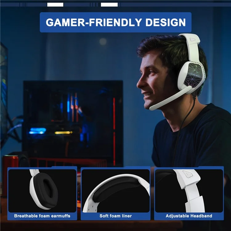 KOTION EACH G6000 For PS5 Computer Gaming Headset LED Light Wired PC Headphone with Microphone - White