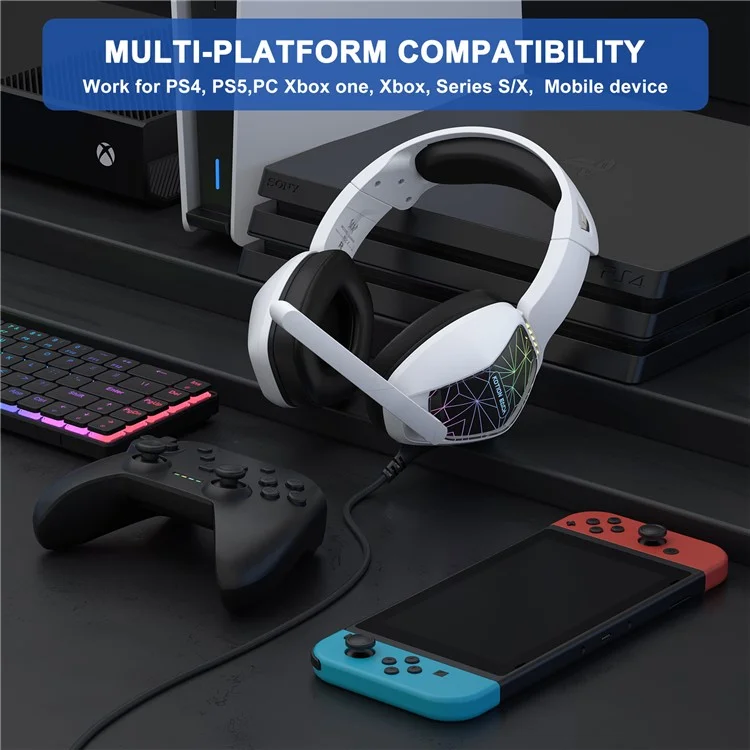 KOTION EACH G6000 For PS5 Computer Gaming Headset LED Light Wired PC Headphone with Microphone - White