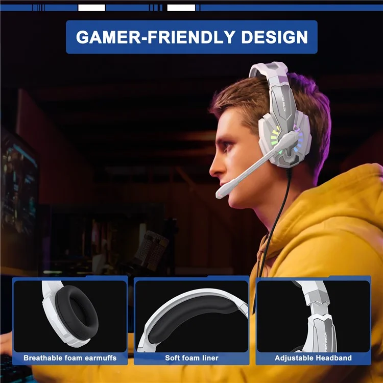 KOTION EACH G9000 Plus Gaming Headset Wired Computer RGB Lighting Over-Ear Headphone with Microphone - White