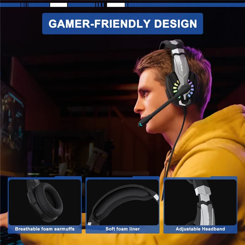 KOTION EACH G9000 Plus Gaming Headset Wired Computer RGB Lighting Over-ear Headphone with Microphone - Black