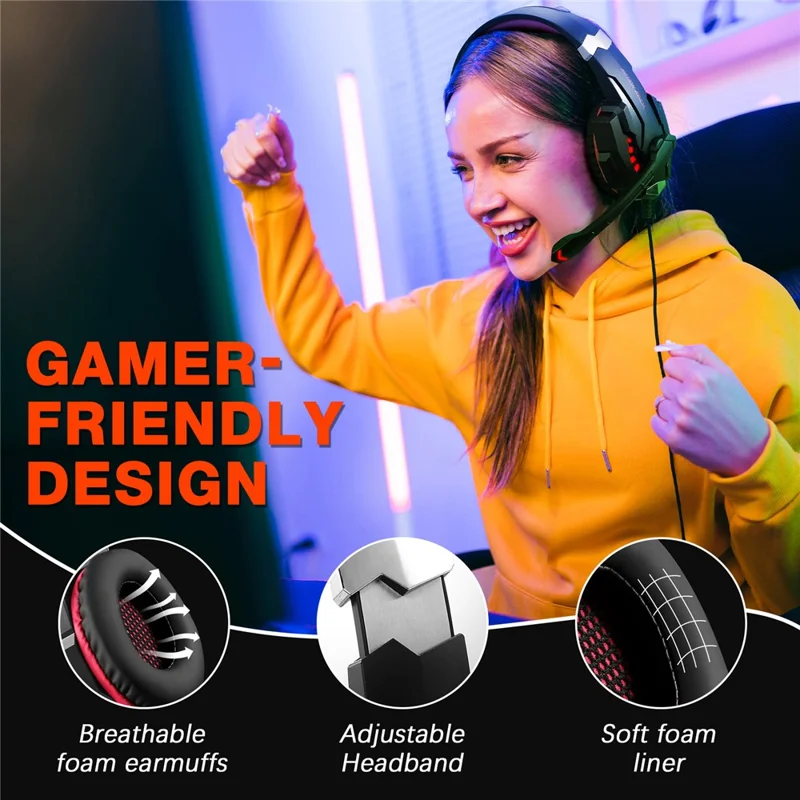 KOTION EACH G9000 Pro Игровая гарнитура с LED-подсветкой, проводная, Over-Ear наушники с микрофоном - Черный+Красный