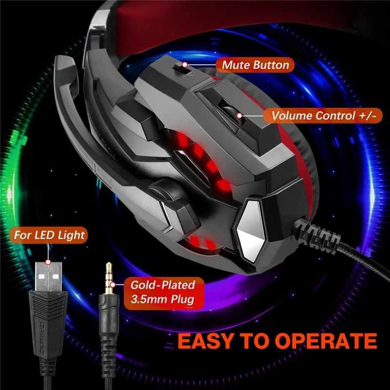 KOTION EACH G9000 Pro Игровая гарнитура с LED-подсветкой, проводная, Over-Ear наушники с микрофоном - Черный+Красный