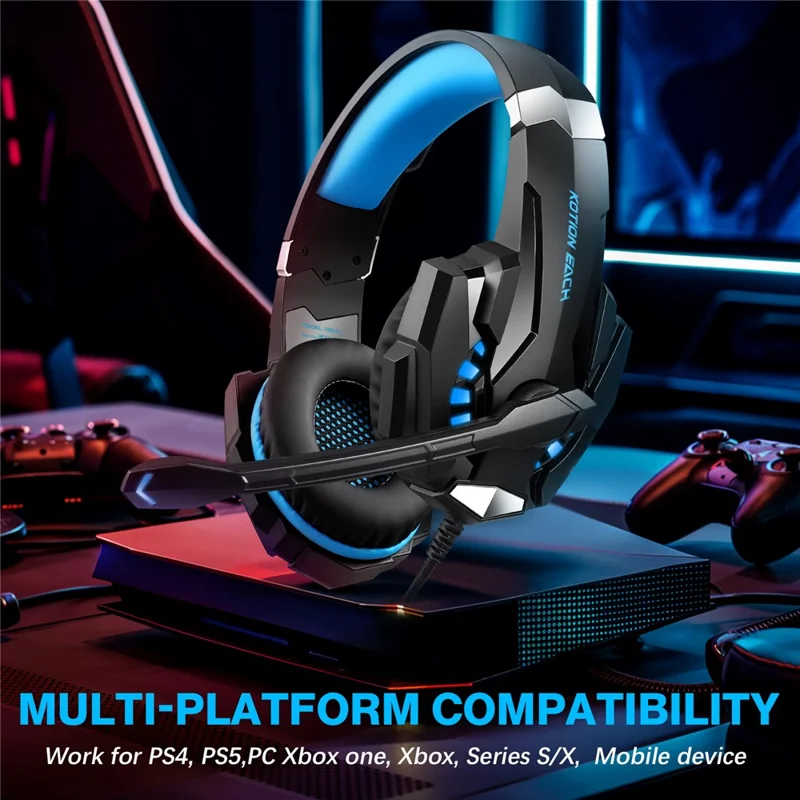 KOTION EACH G9000 Pro Casque de Gaming LED avec Micro - Filaire pour PC, Noir+Bleu