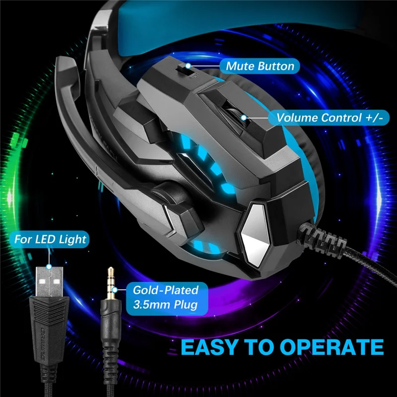 KOTION EACH G9000 Pro Casque de Gaming LED avec Micro - Filaire pour PC, Noir+Bleu