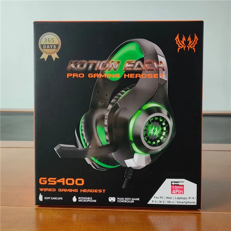 KOTION EACH GS400 LED Light Gaming Headset Wired Over-Ear Headphone with Audio Adapter Cable for PC / PS4 / PS5 - Red