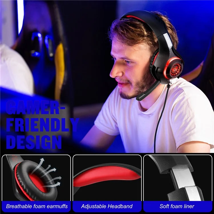 KOTION EACH GS400 LED Light Gaming Headset Wired Over-Ear Headphone with Audio Adapter Cable for PC / PS4 / PS5 - Red